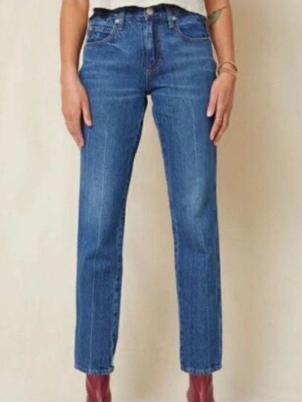 AMO $282 Harriett Mid Rise Apple Pie Straight Leg Y2K Denim Jeans 25